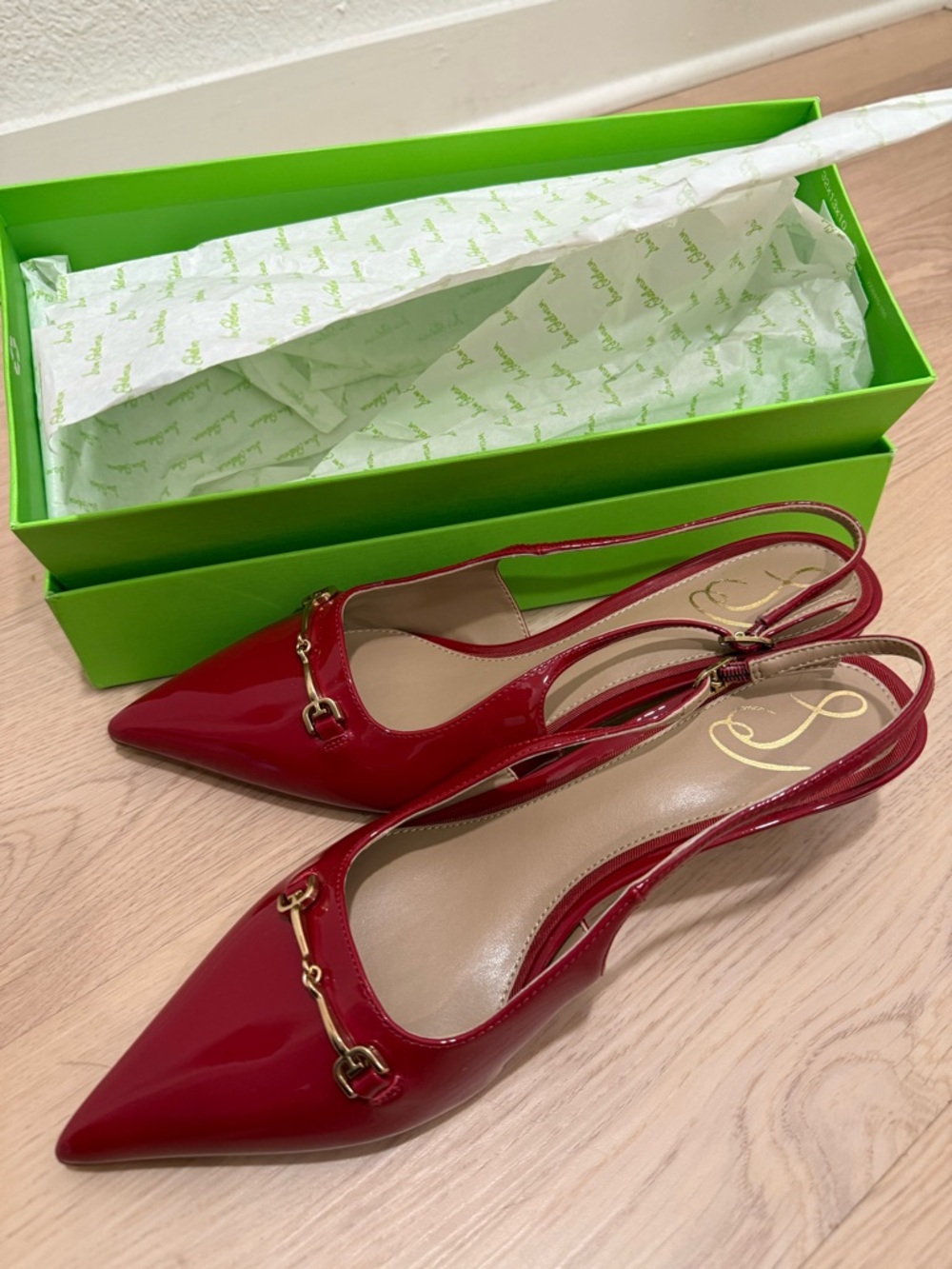 Sam Edelman Red Patent Leather Slingback Pointed-Toe Kitten Heel